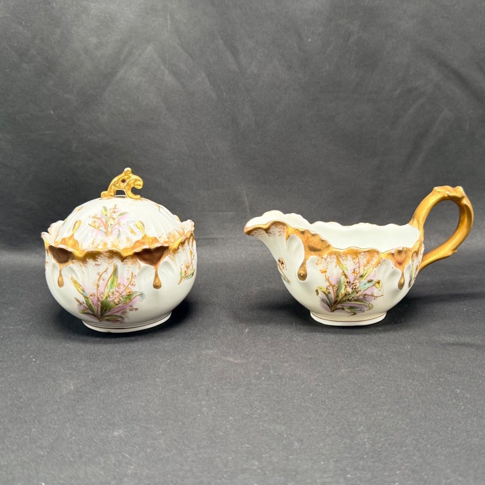 Antique Laviolette Limoges France Porcelain Creamer and Sugar Set Gold Gilt